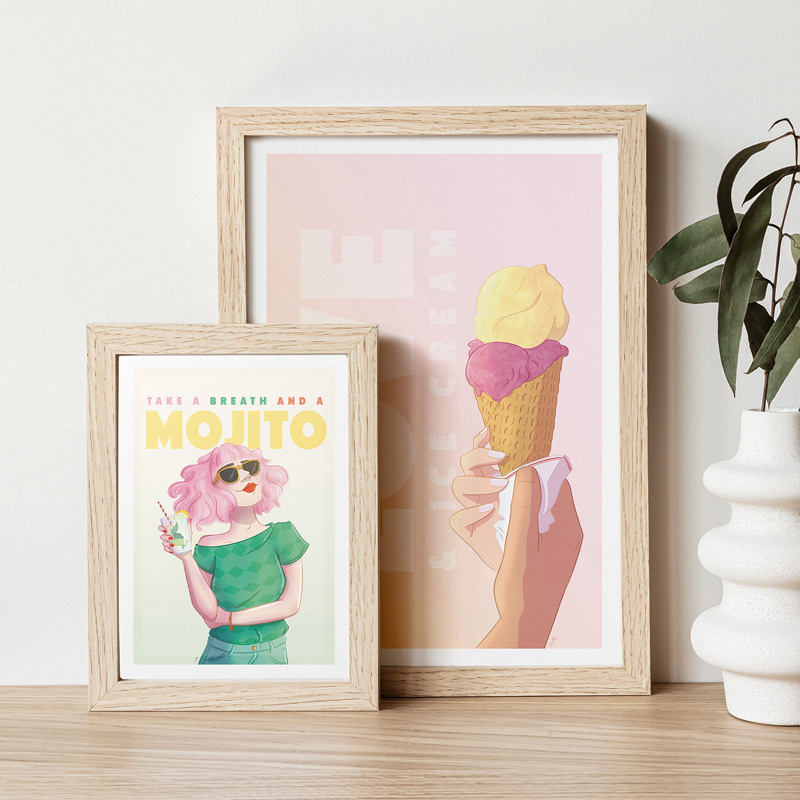 Fiche_GlaceB2 Illustrations dans des cadres, "Take a breath and a mojito" et "Love & Ice Cream"