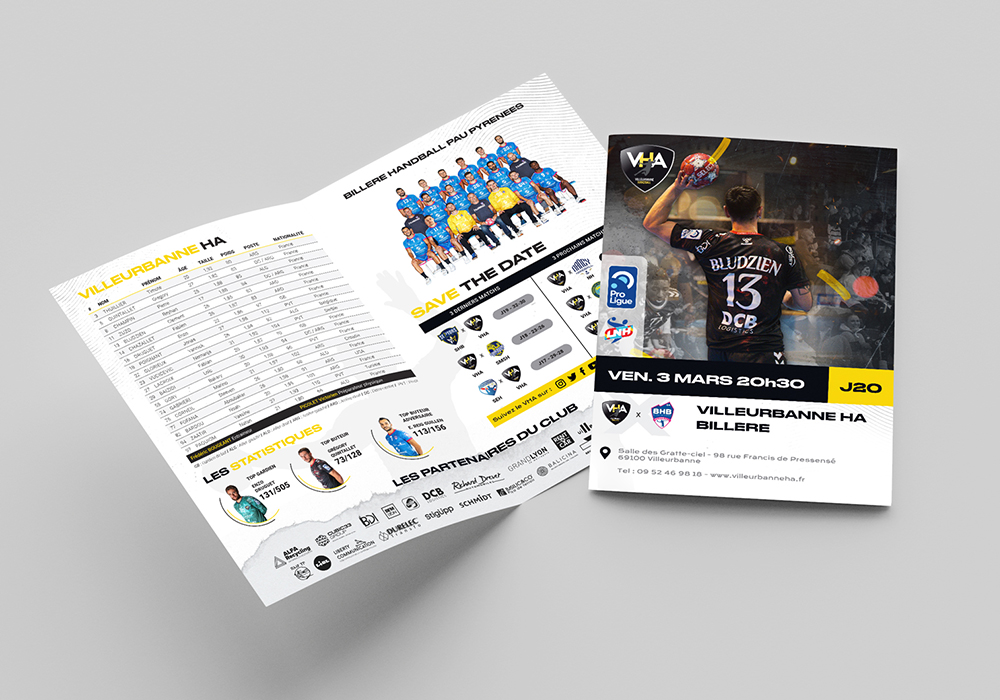 Fiche de match du VHA distribuée aux spectateurs, avec la composition de l'équipe, les statistiques, les dates des prochains match...
